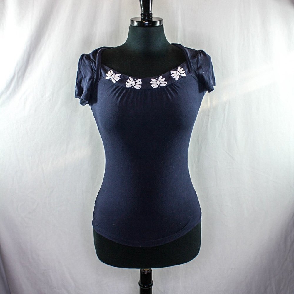 Ann Taylor LOFT Beaded T Shirt Blue White Size XS